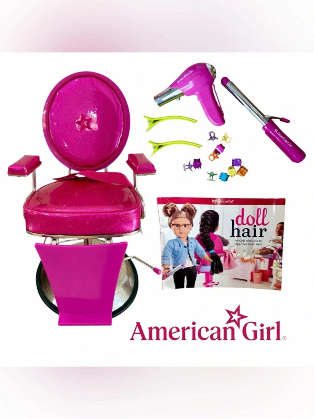 American Girl Pink Sparkle Styling Chair + Salon/Hair Supplies + Book Retired‎